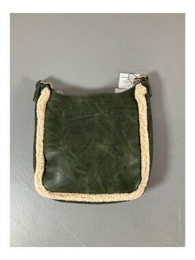 Adorned Unisex Sherpa Messenger Bag with Adjustable Faux Leather Strap - Olive/C